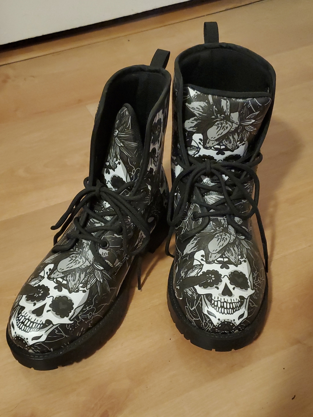 Black & White Floral Skull Lace-Up Boots